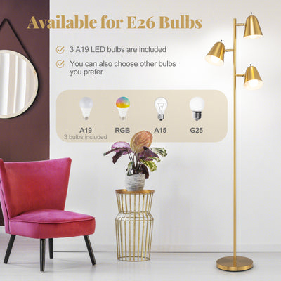 64 Inch 3-Light LED Floor Lamp Reading Light for Living Room Bedroom-Golden