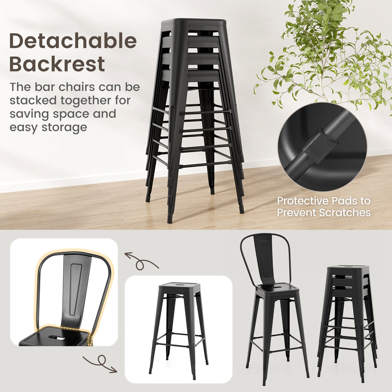 Set of 4 Bar Height Chairs Stackable Metal Bar Stools with Removable Backrest