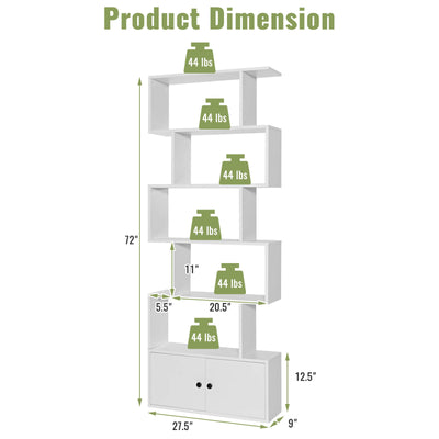 6-Tier S-Shaped Freestanding Bookshelf with Cabinet and Doors-White