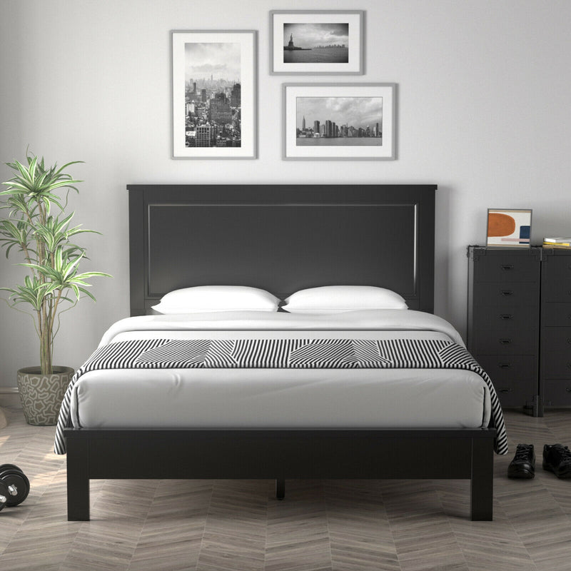 Queen Size Bed Frame Platform Slat High Headboard Bedroom with Rubber Wood Leg-Black