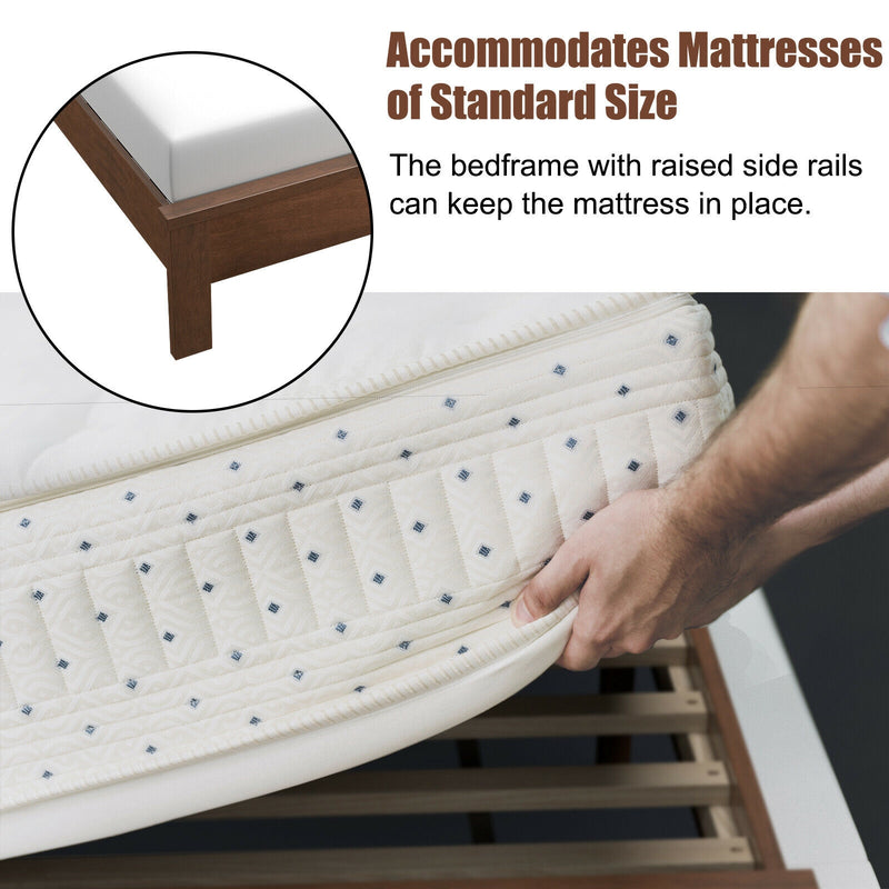Queen Size Bed Frame Platform Slat High Headboard Bedroom with Rubber Wood Leg-Walnut