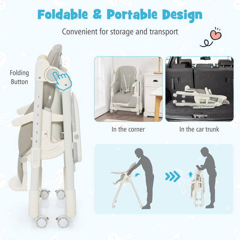 Folding High Chair with Height Adjustment and 360° Rotating Wheels-Gray