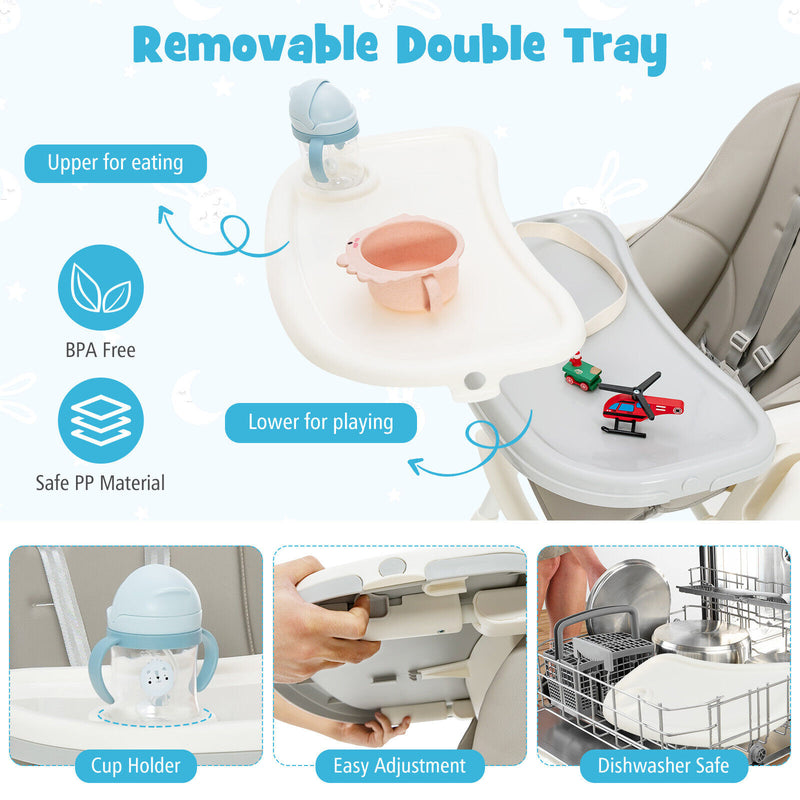 Folding High Chair with Height Adjustment and 360° Rotating Wheels-Gray