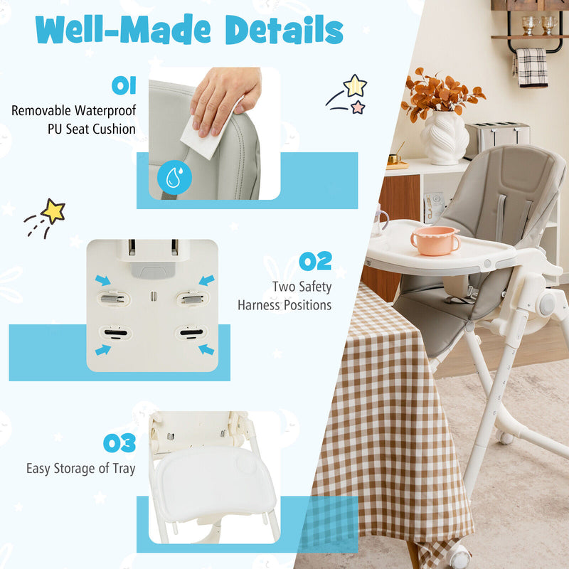 Folding High Chair with Height Adjustment and 360° Rotating Wheels-Gray