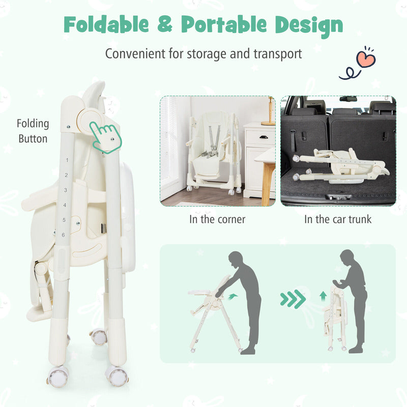 Folding High Chair with Height Adjustment and 360° Rotating Wheels-Beige