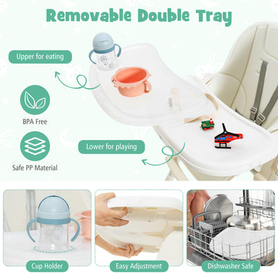 Folding High Chair with Height Adjustment and 360° Rotating Wheels-Beige
