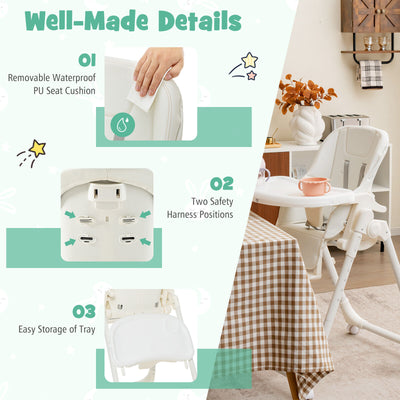 Folding High Chair with Height Adjustment and 360° Rotating Wheels-Beige