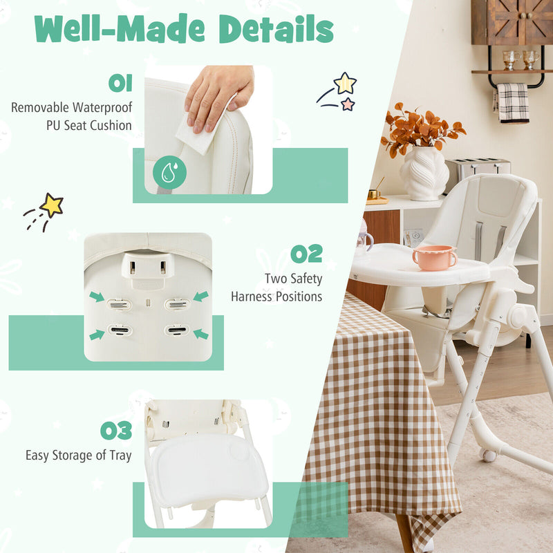 Folding High Chair with Height Adjustment and 360° Rotating Wheels-Beige