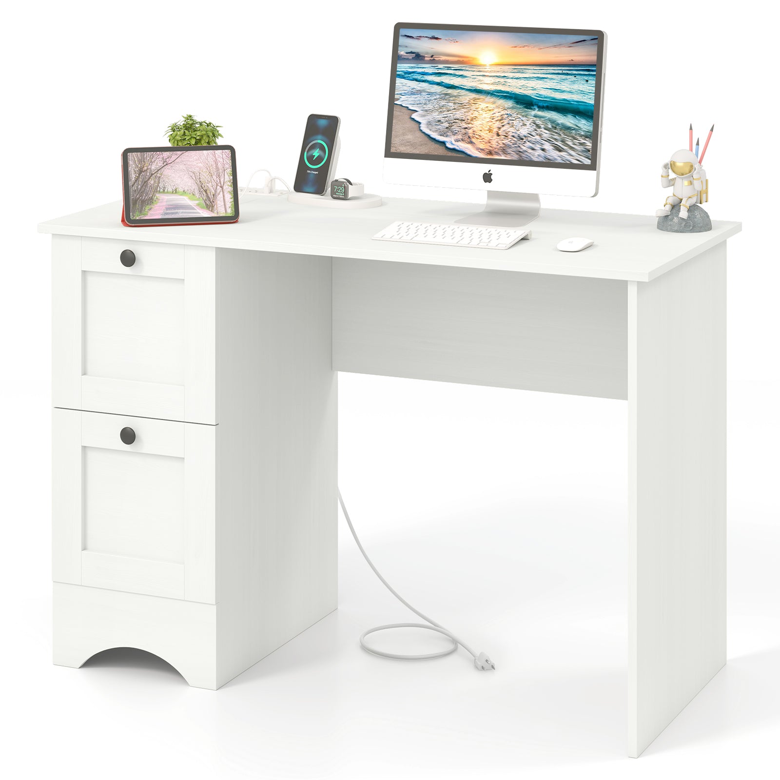 43 Inch Computer Desk with Charging Station for Living Room-White