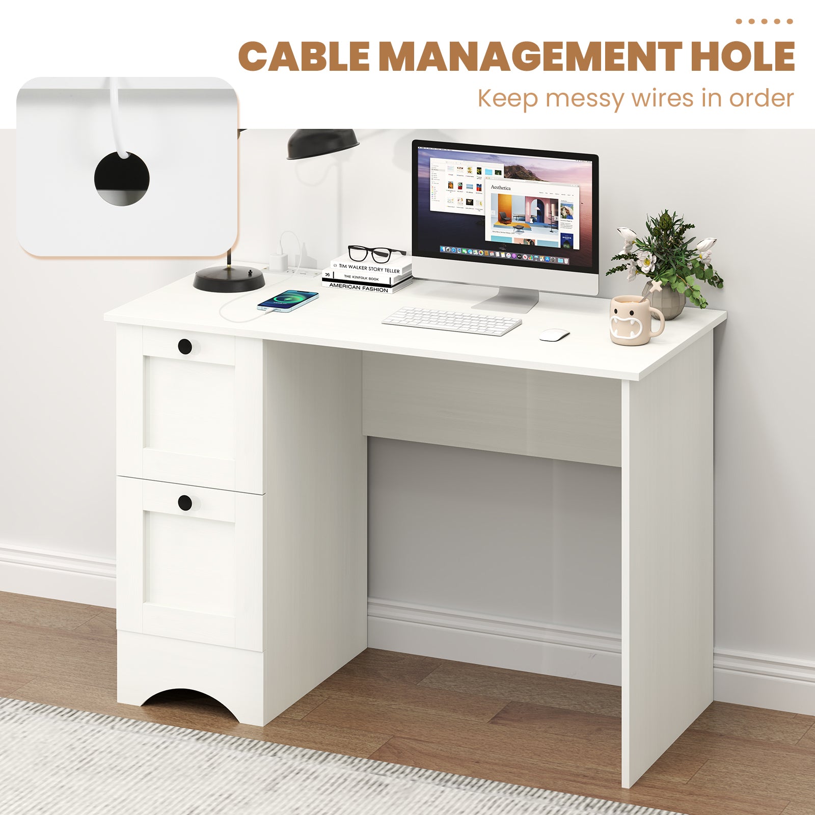 43 Inch Computer Desk with Charging Station for Living Room-White