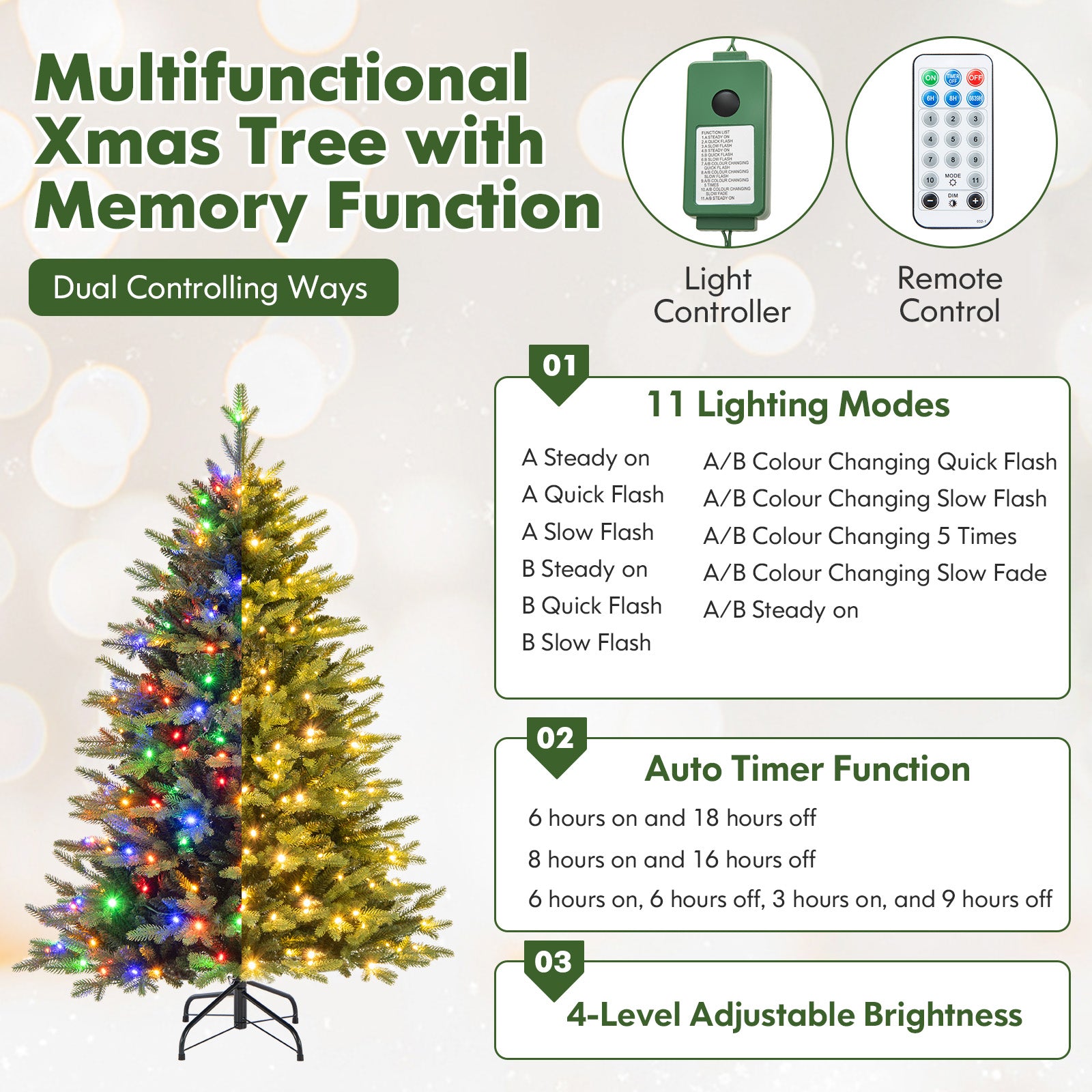 5 Feet Artificial Xmas Tree Hinged with 11 Lighting Modes and Remote C