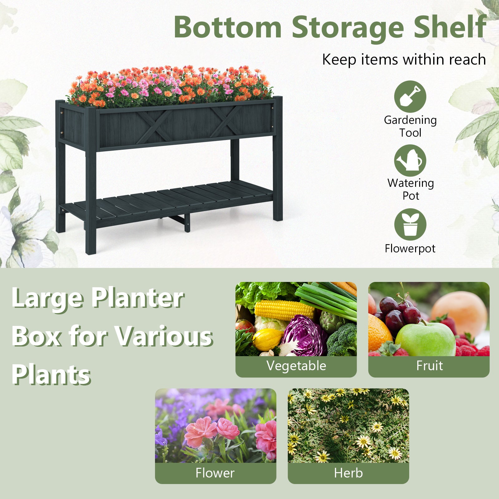 Poly Wood Elevated Planter Box with Legs Storage Shelf Drainage Holes-