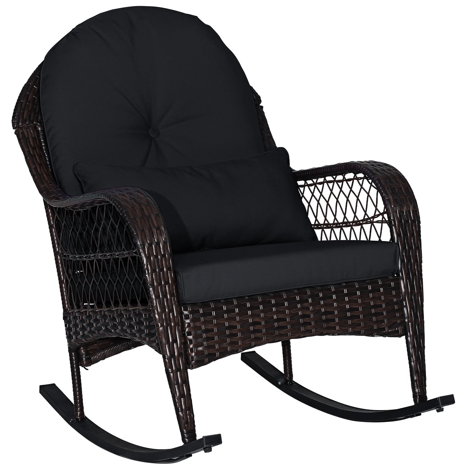 Patio Rattan Rocking Chair with Seat Back Cushions and Waist Pillow-Bl