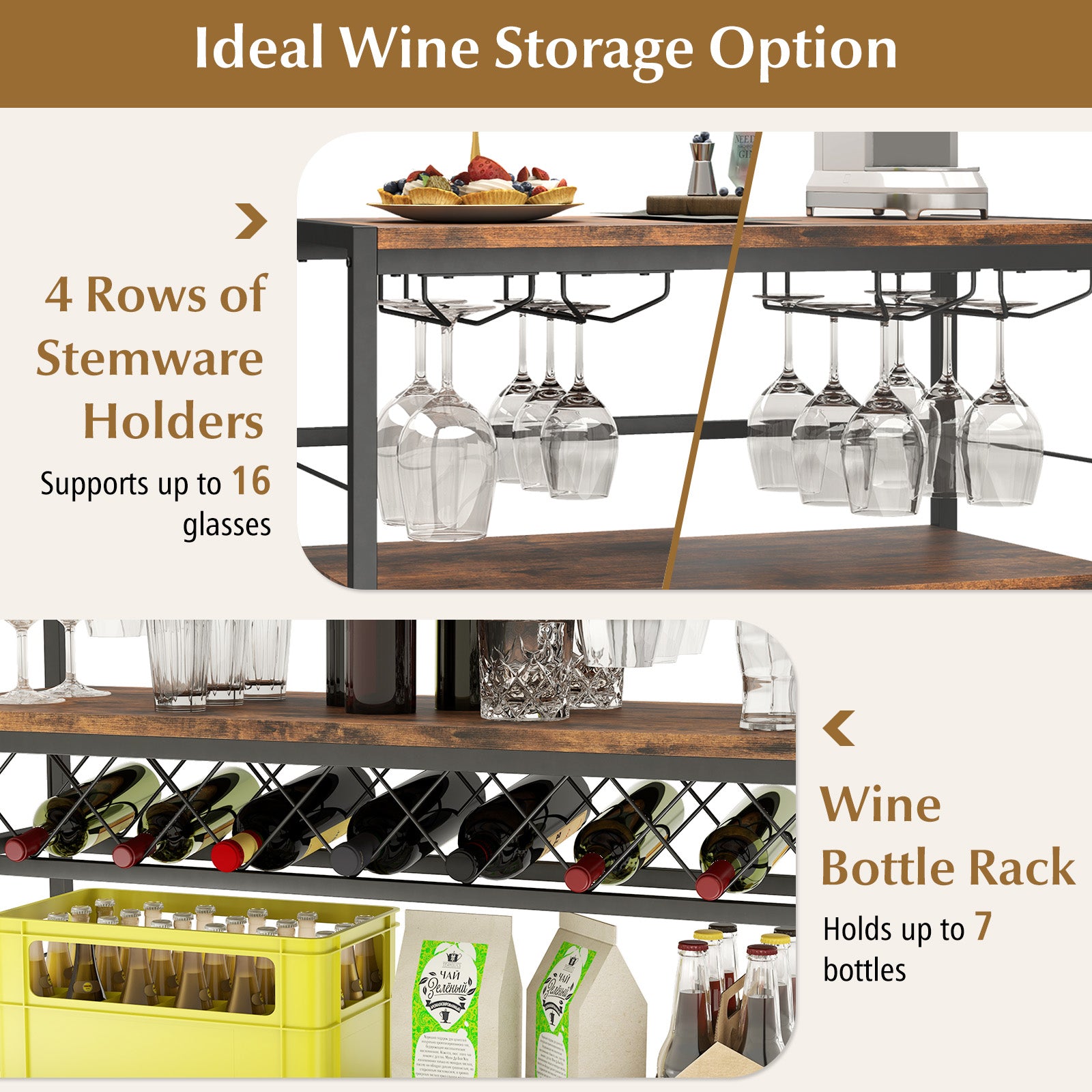 41 Inch 4-Tier Bar Table with Wine Rack and 4 Rows of Glass Holders-Ru