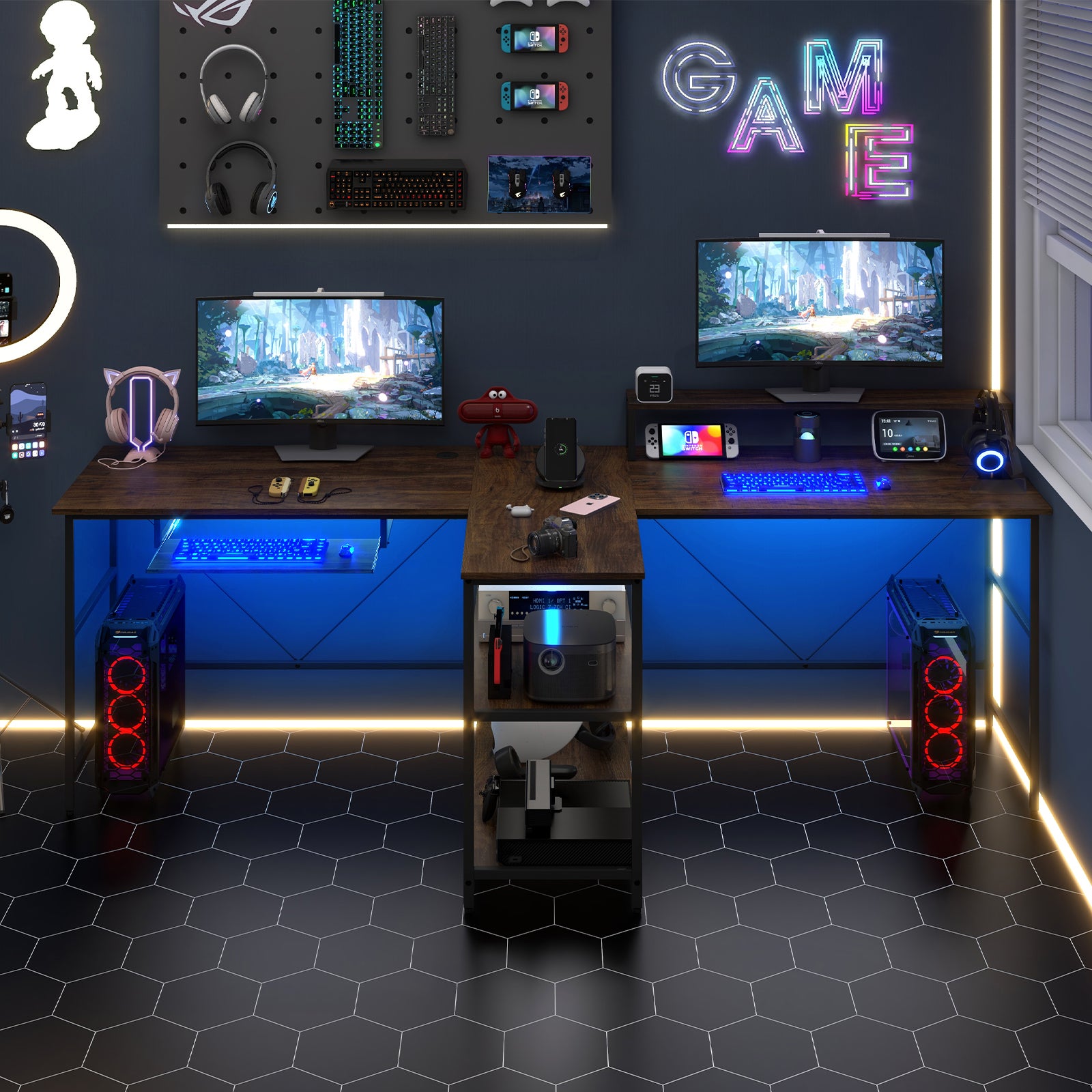 2-Person Reversible Computer Desk Long Office Desk with LED Lights-Wal
