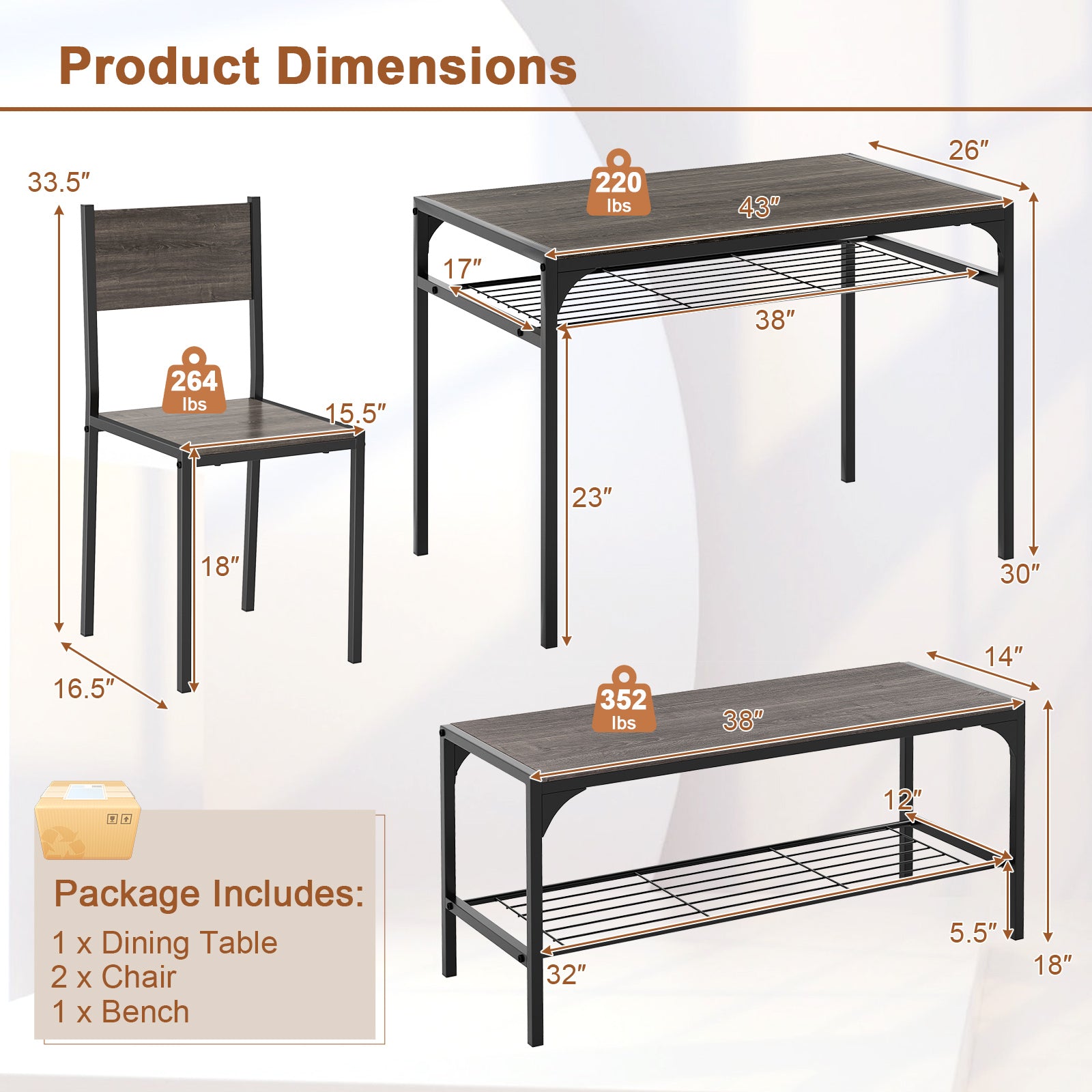 Rectangular Bench Tables Industrial Style Rectangular Kitchen Table with Bench and Chairs-Gray