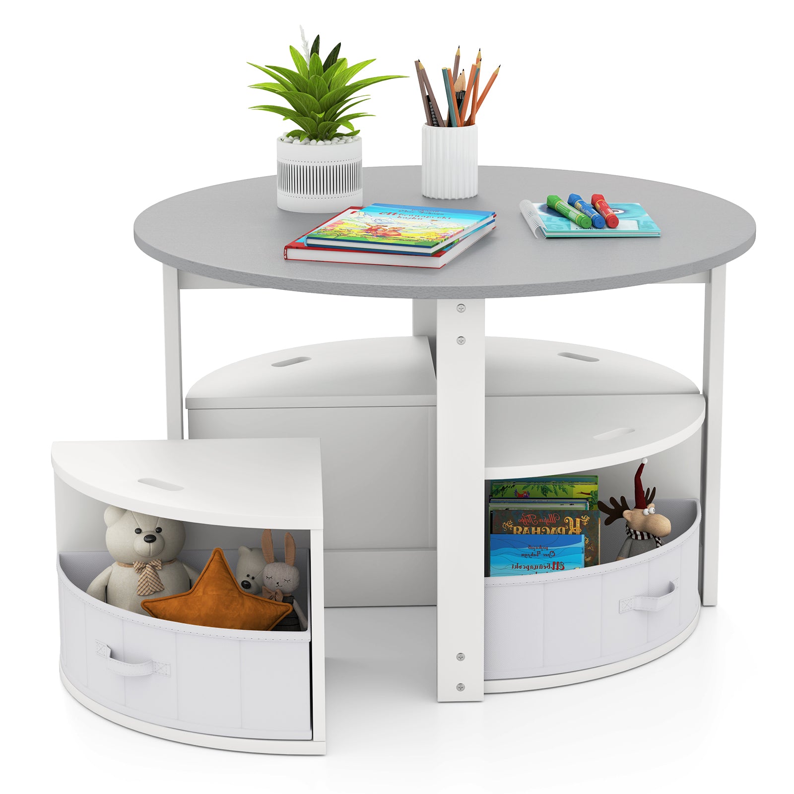 5 Piece Toddler Round Nesting Table with 4 Storage Stools for Activity