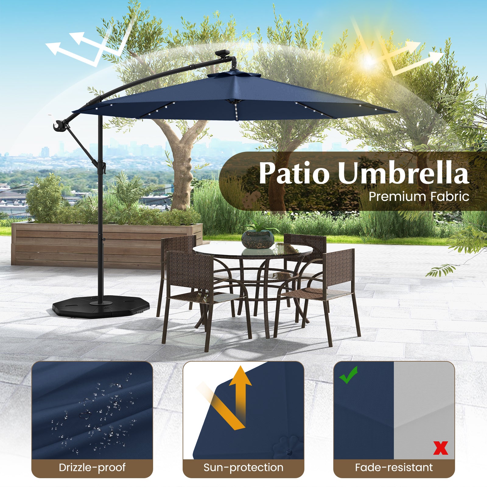 10 Ft Solar LED Offset Umbrella with 40 Lights and Cross Base for Pati