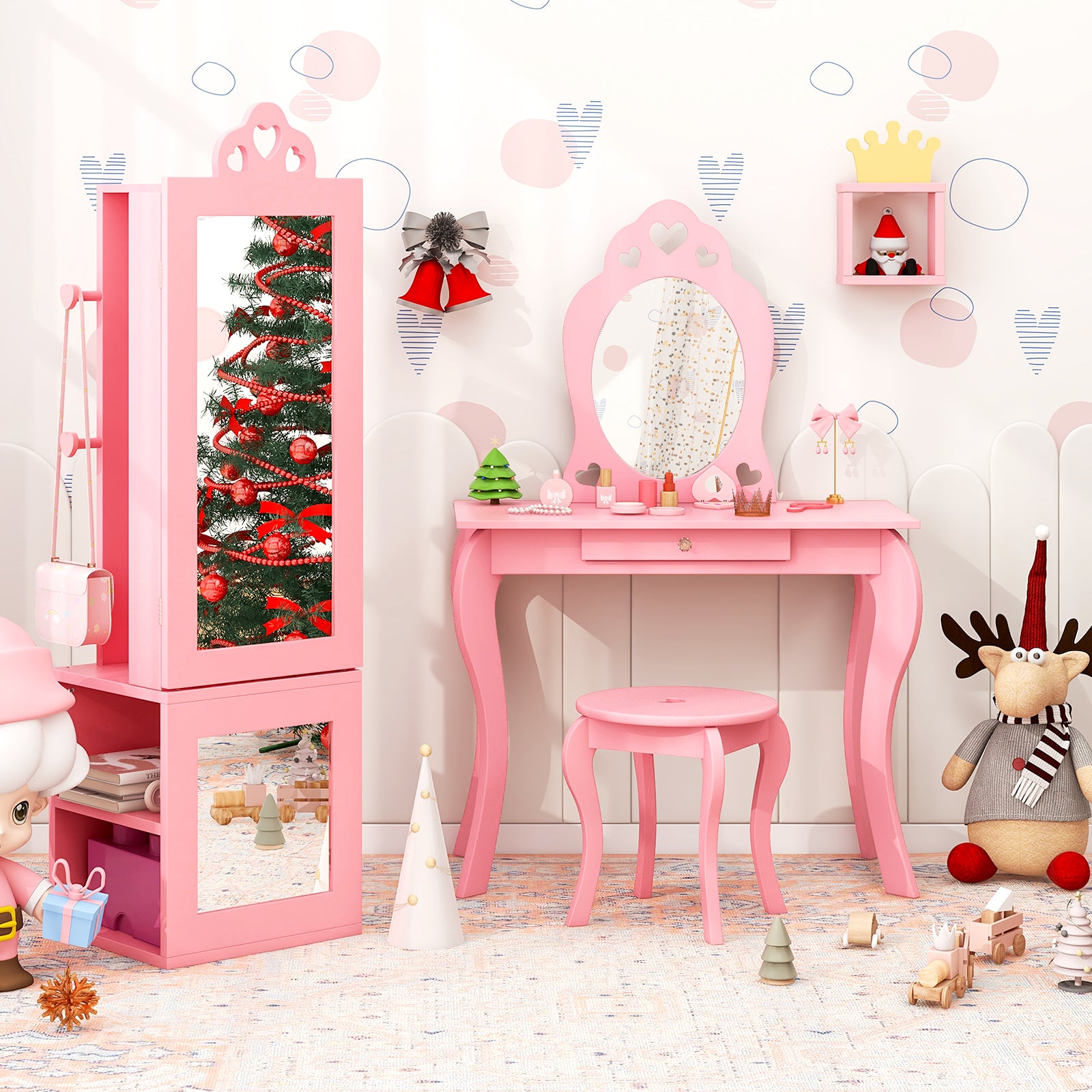 Princess Vanity Table and Stool Set Freestanding Jewelry Cabinet Armoi