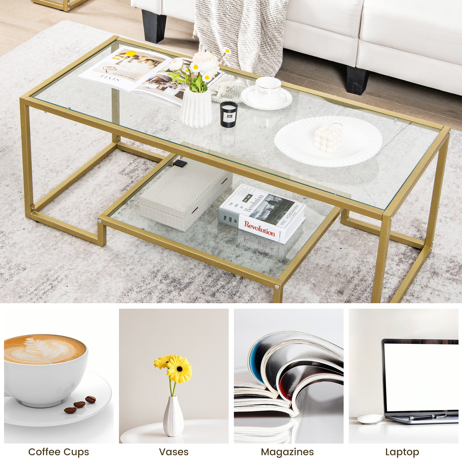 Modern 2-Tier Rectangular Coffee Table with Glass Table Top-Golden
