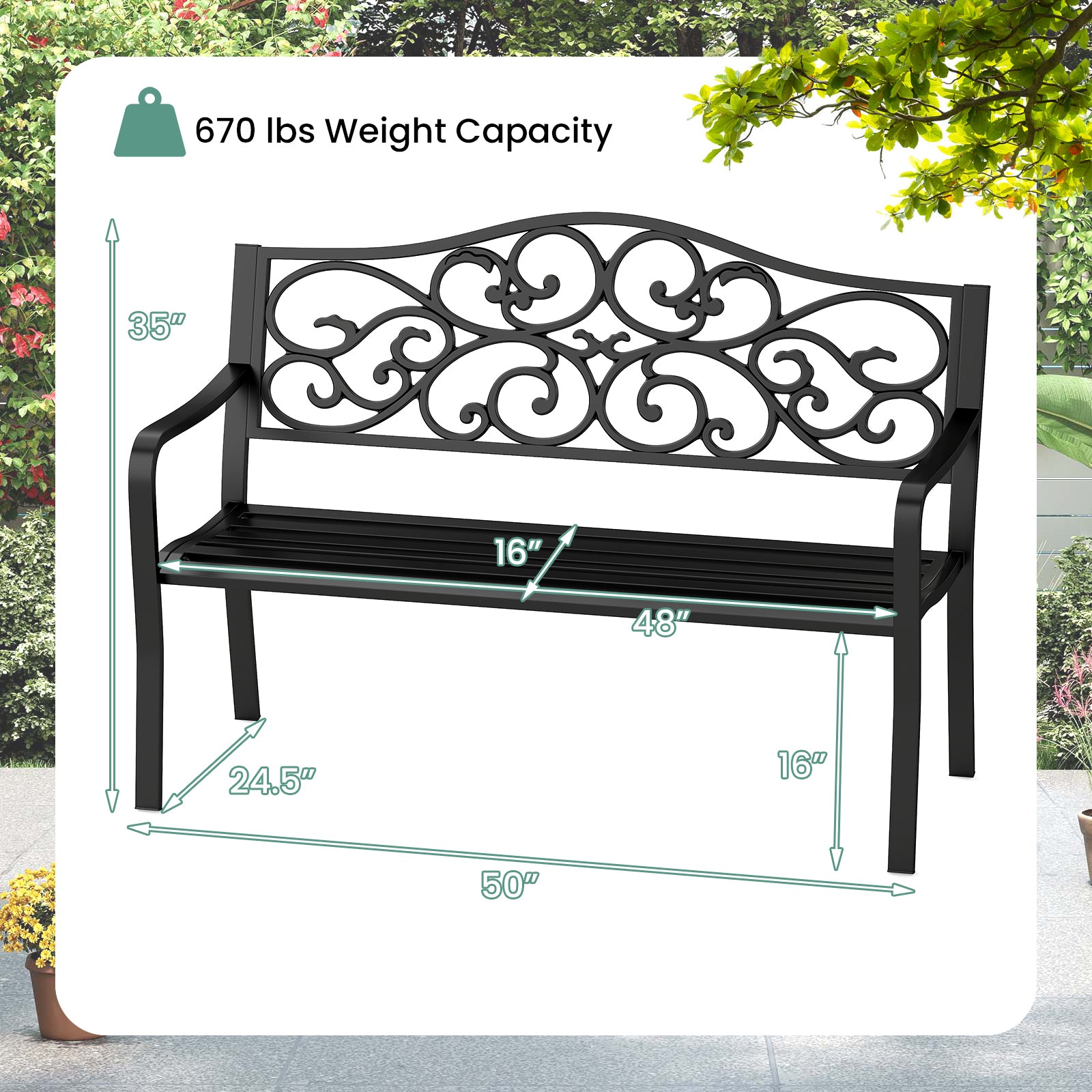 50 Inches Outdoor Cast Iron Metal Patio Bench with Floral Design Backr