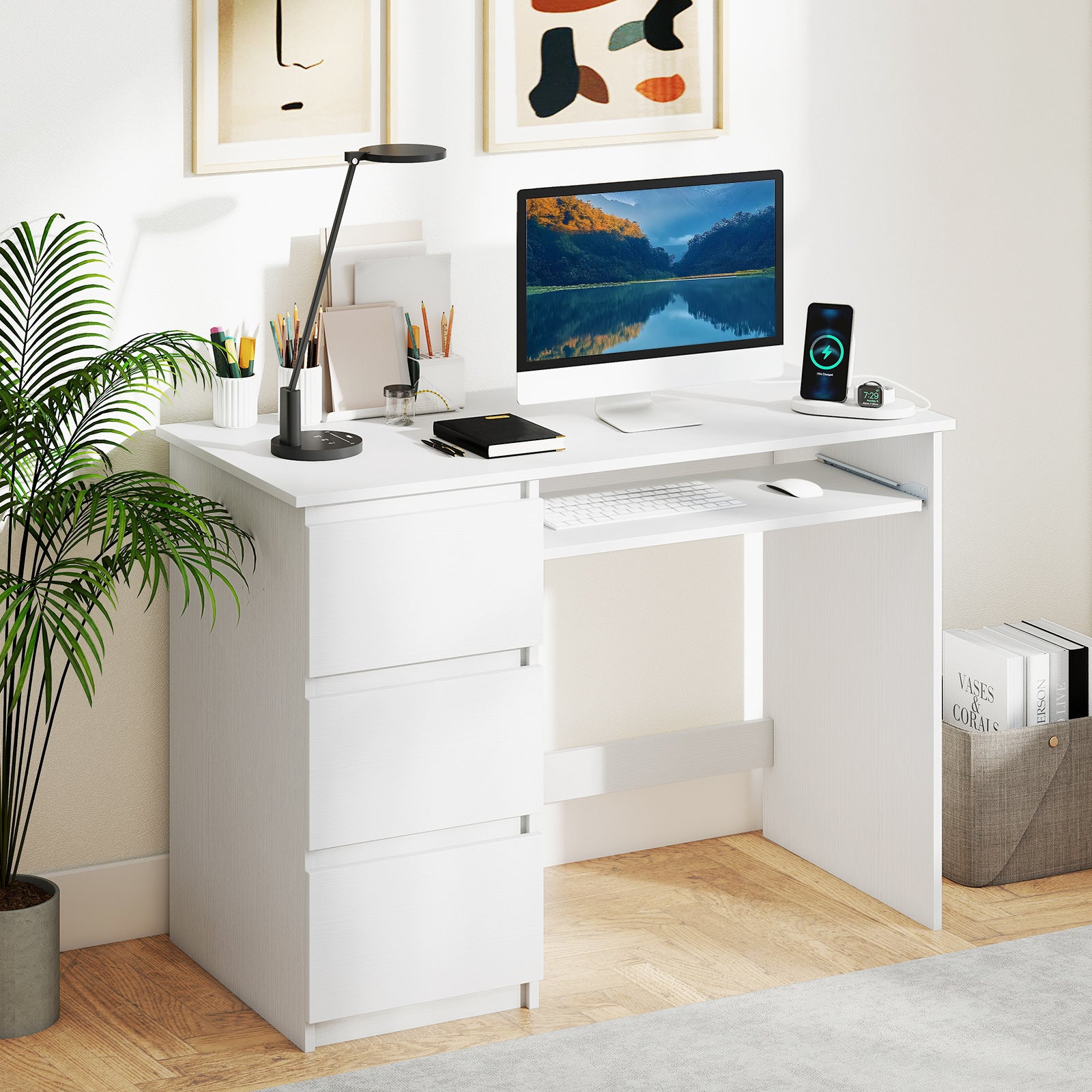 Computer Desk with Power Outlet Keyboard Tray and 3 Large Drawers-Whit