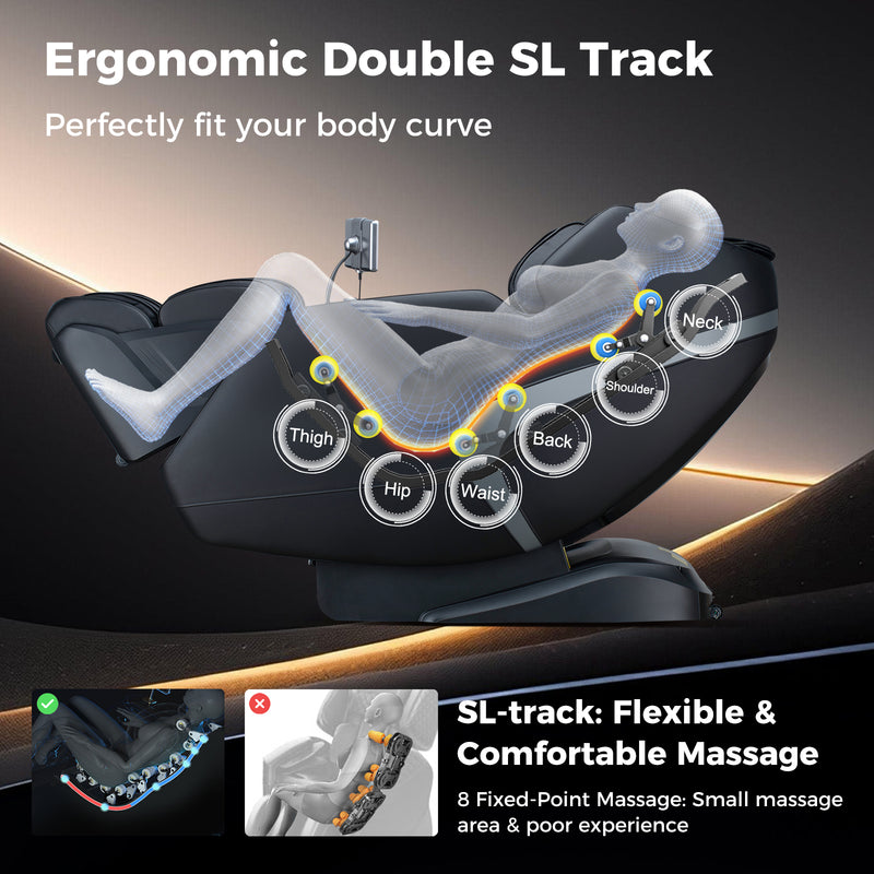 Mega Sale-Costway-4D SL-Track Full Body Massage Chair w/ Zero-Gravity Design, Heated Shawl, Neck & Back & Feet Heater, Calf & Foot Rollers,Magic Calf Rollers, Voice Control, Yoga Stretching, Smart Body Scanning, Touch Screen, Blue-tooth Speaker