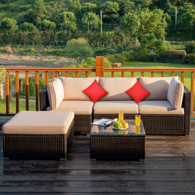 5 Pieces Outdoor Patio Rattan Furniture Set Sectional Conversation with Cushions-Beige