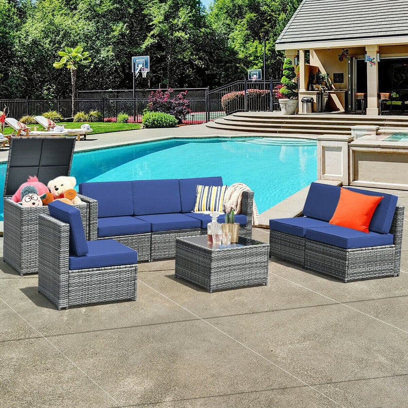 8 Piece Wicker Sofa Rattan Dinning Set Patio Furniture with Storage Table-Navy