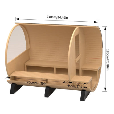 6 Person Outdoor Barrel Sauna with Front Porch, Hemlock Traditional Steam Barrel Sauna Kit with Half-viewing Window HELIUS