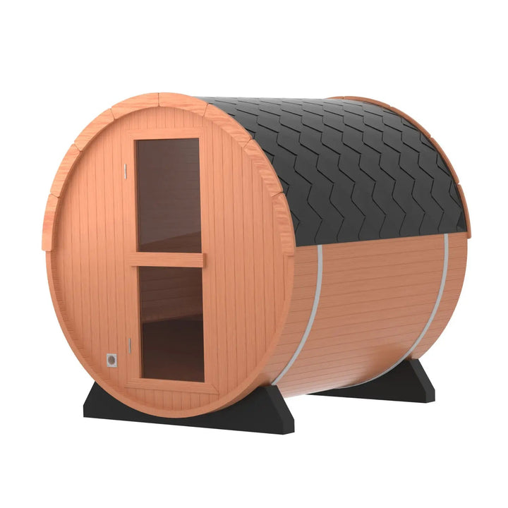 4 Person Outdoor Barrel Sauna, Patchwork Red Cedar Traditional Steam Barrel Sauna Kit with Half-viewing Window HELIUS
