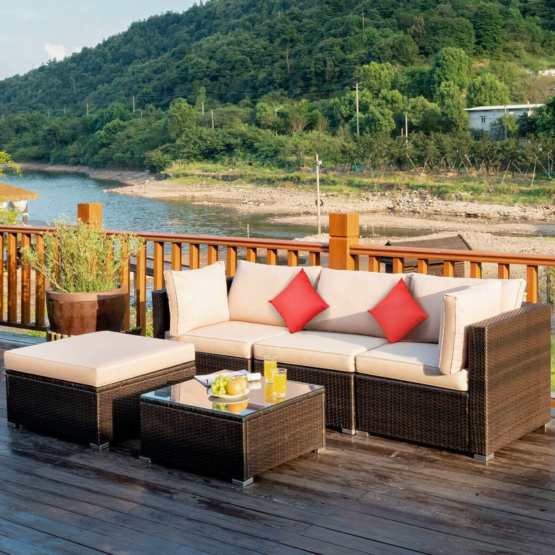 5 Pieces Outdoor Patio Rattan Furniture Set Sectional Conversation with Cushions-Beige
