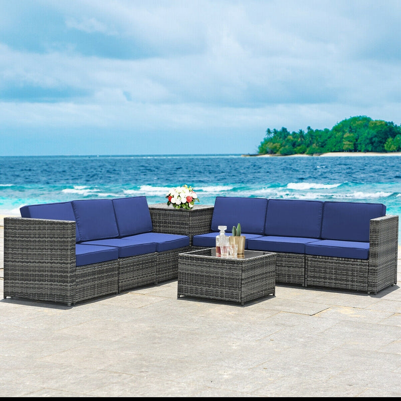 8 Piece Wicker Sofa Rattan Dinning Set Patio Furniture with Storage Table-Navy