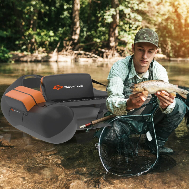 *Inflatable Fishing Float Tube with Pump Storage Pockets and Fish Ruler - Gray