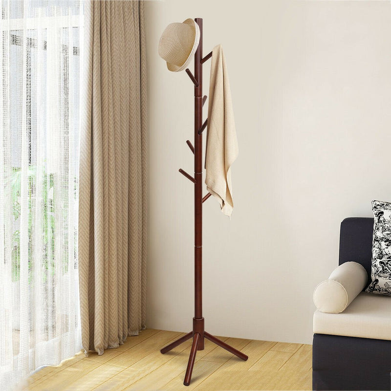 2 Heights Wooden Coat Rack with 8 Hooks-Walnut