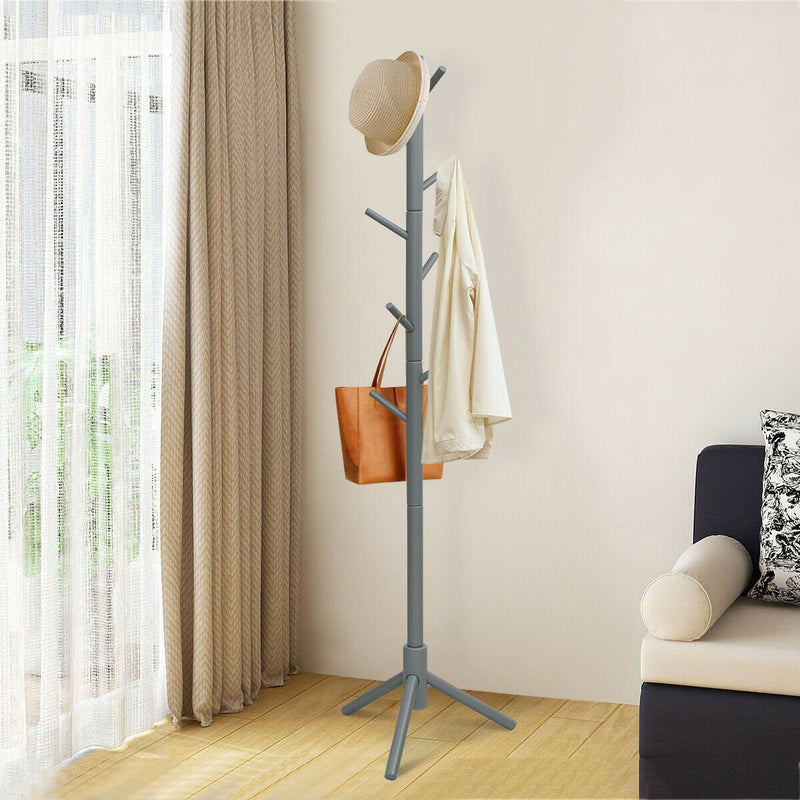 2 Heights Wooden Coat Rack with 8 Hooks-Gray