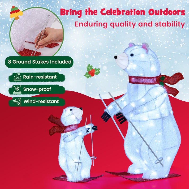 2 PCS Animated Skiing Polar Bears Pre-lit Christmas Bear Decoration with Skiing Motion