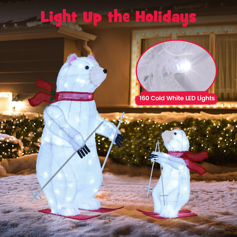 2 PCS Animated Skiing Polar Bears Pre-lit Christmas Bear Decoration with Skiing Motion