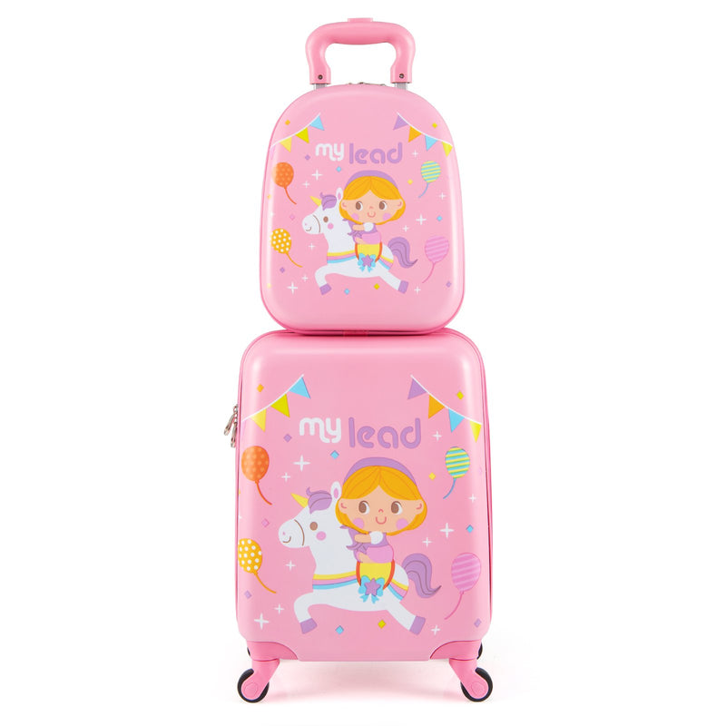 2 PCS Kid Luggage Set With Spinner Wheels for Children Boys Girls-Pink