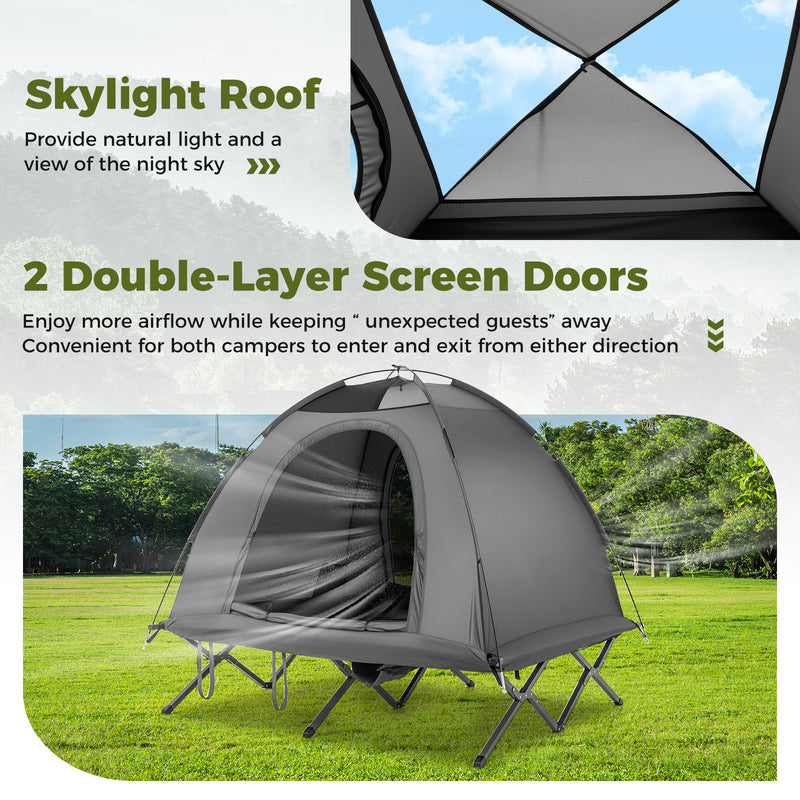 2-Person Camping Cot Tent Foldable Off-Ground Camping Combo for Adults-Grey