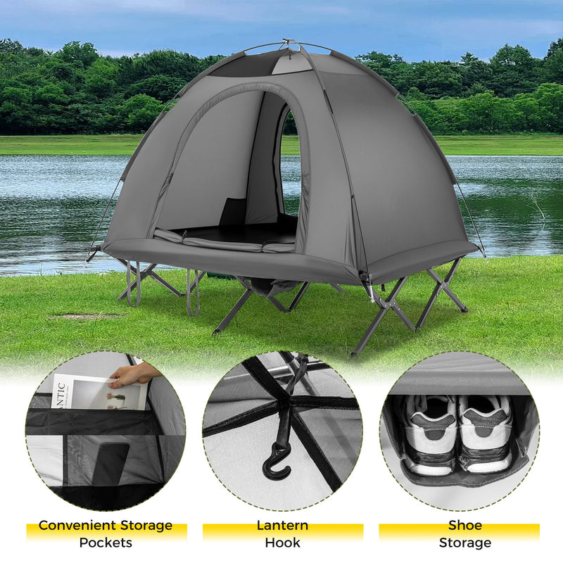 2-Person Camping Cot Tent Foldable Off-Ground Camping Combo for Adults-Grey