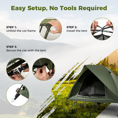 2-Person Camping Cot Tent Foldable Off-Ground Camping Combo for Adults-Green