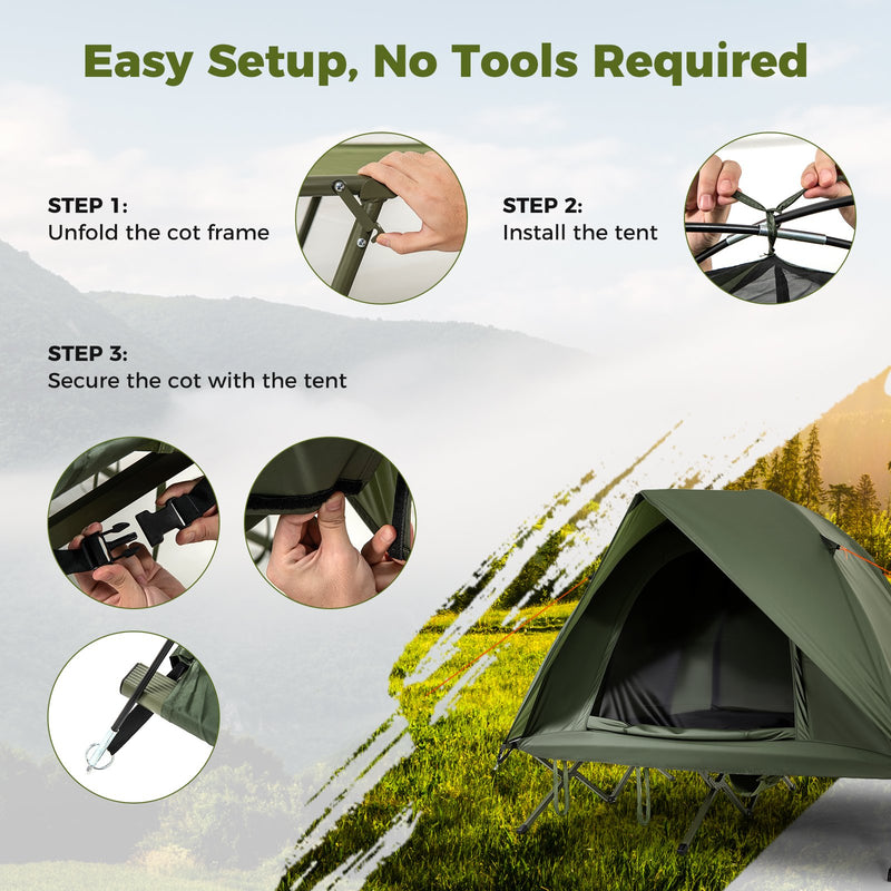 2-Person Camping Cot Tent Foldable Off-Ground Camping Combo for Adults-Green