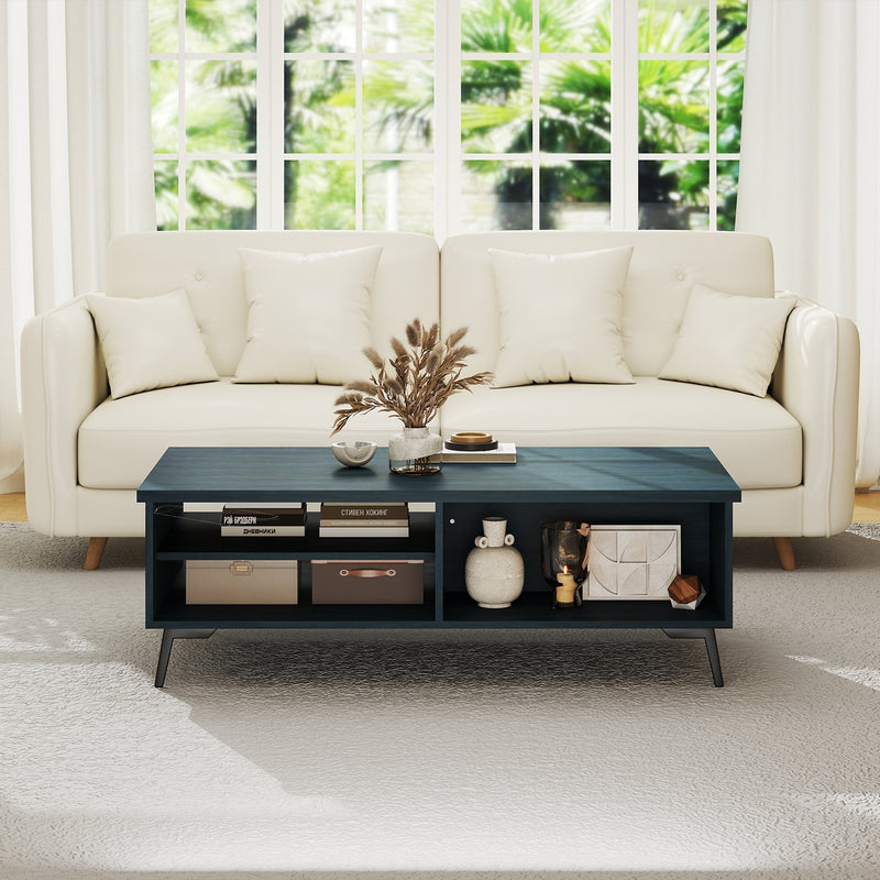 2-Tier Mid Century Modern Coffee Table with Storage Shelves Compartments-Blue