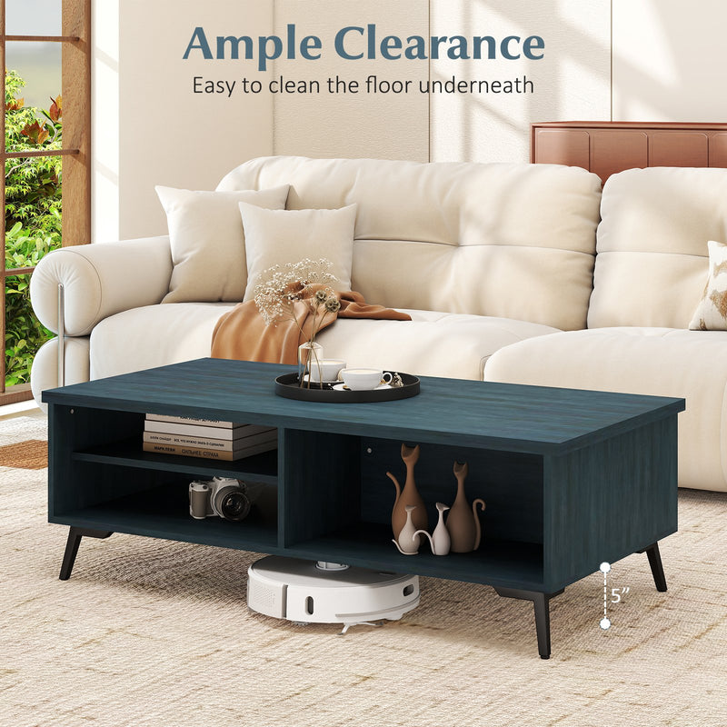 2-Tier Mid Century Modern Coffee Table with Storage Shelves Compartments-Blue