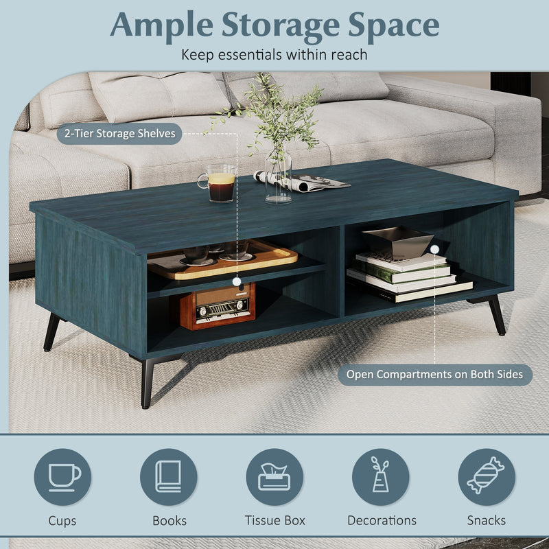 2-Tier Mid Century Modern Coffee Table with Storage Shelves Compartments-Blue