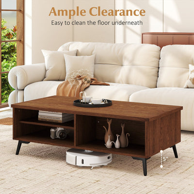 2-Tier Mid Century Modern Coffee Table with Storage Shelves Compartments-Walnut