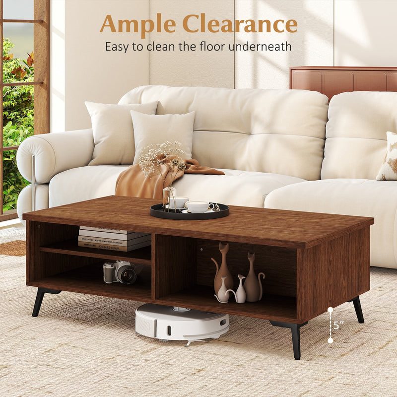2-Tier Mid Century Modern Coffee Table with Storage Shelves Compartments-Walnut