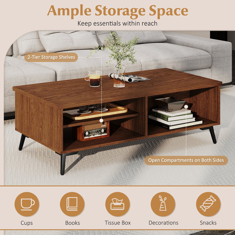2-Tier Mid Century Modern Coffee Table with Storage Shelves Compartments-Walnut
