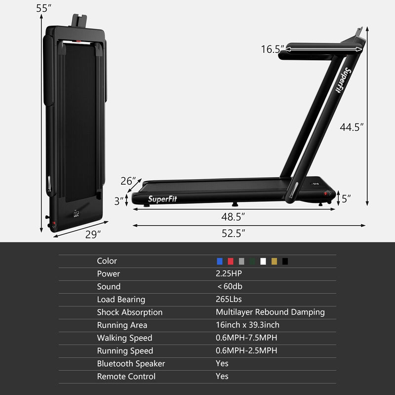 2 in 1 2.25HP Folding Treadmill with APP Speaker Remote Control-Black